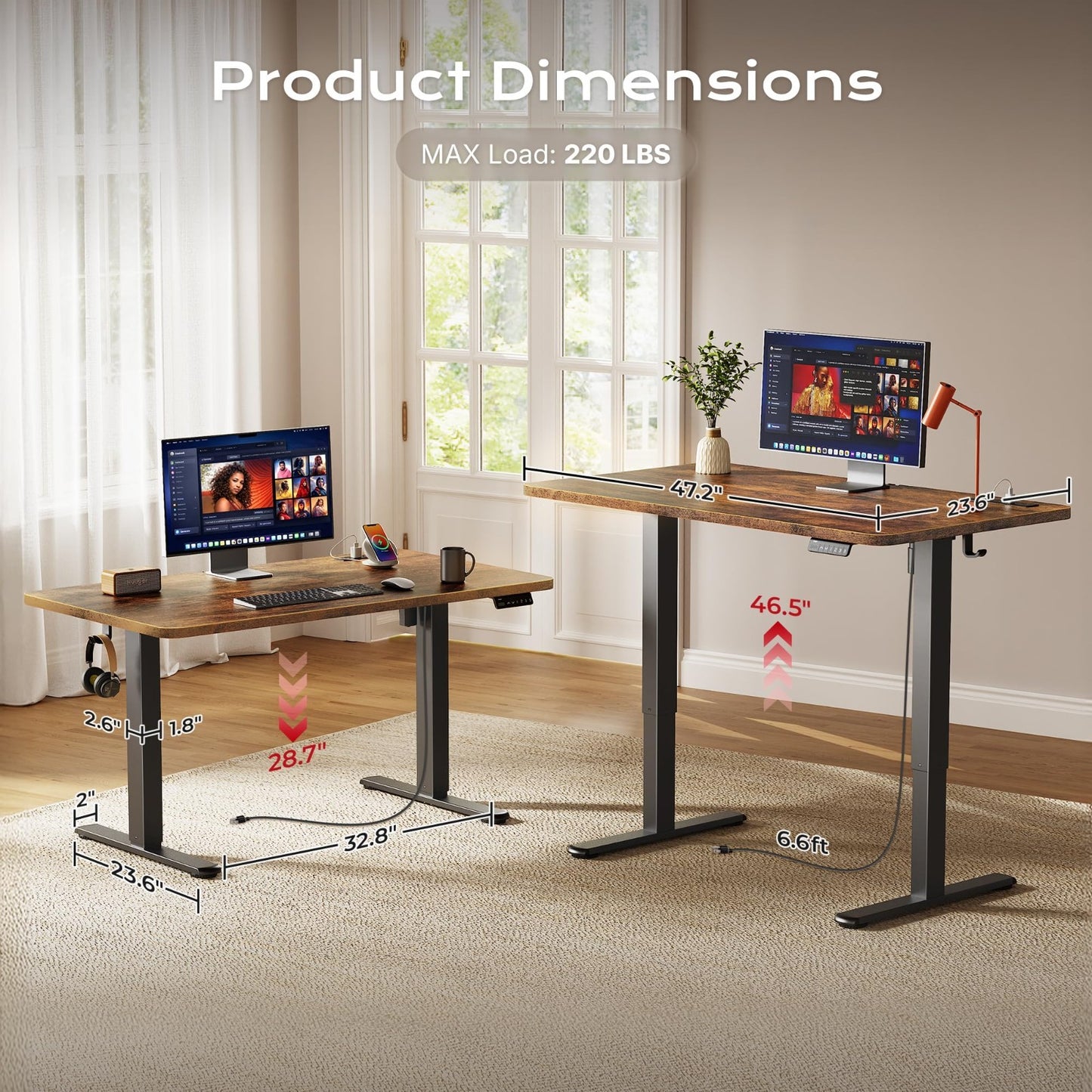 Height Adjustable Electric Standing Desk with USB-C & Power Outlets, 47x24" - Ru4