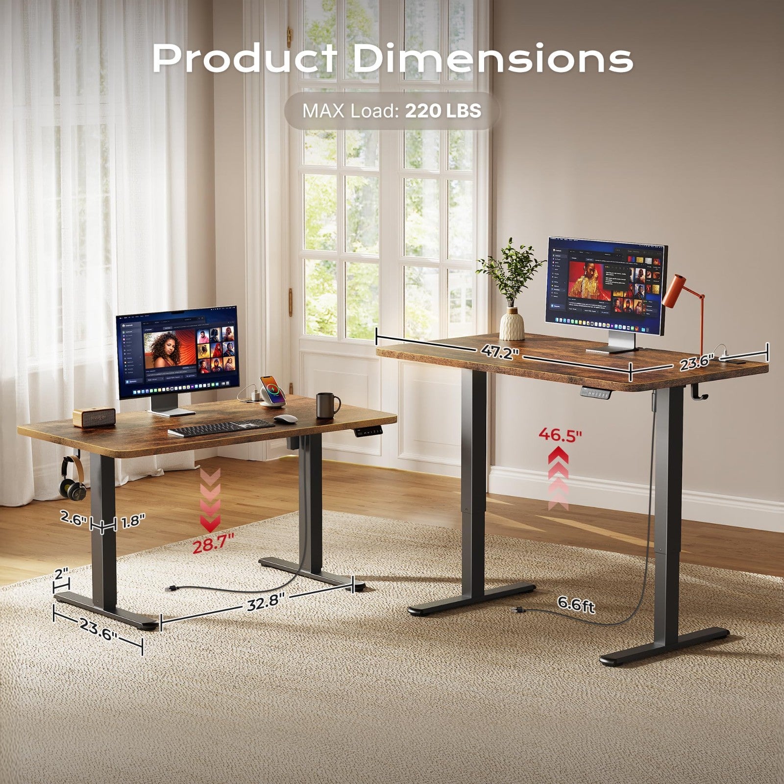 Height Adjustable Electric Standing Desk with USB-C & Power Outlets, 47x24" - Ru4