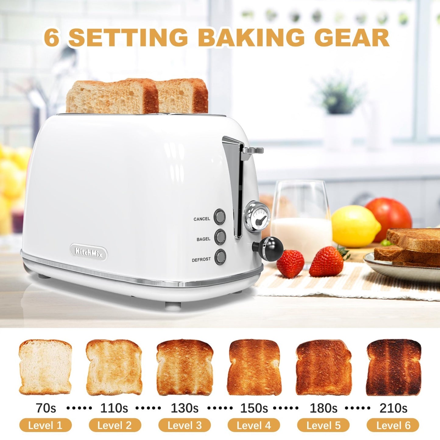 Retro Stainless Steel 2 Slice Toaster, 6 Settings, Extra Wide Slots, Bagel/Defro3