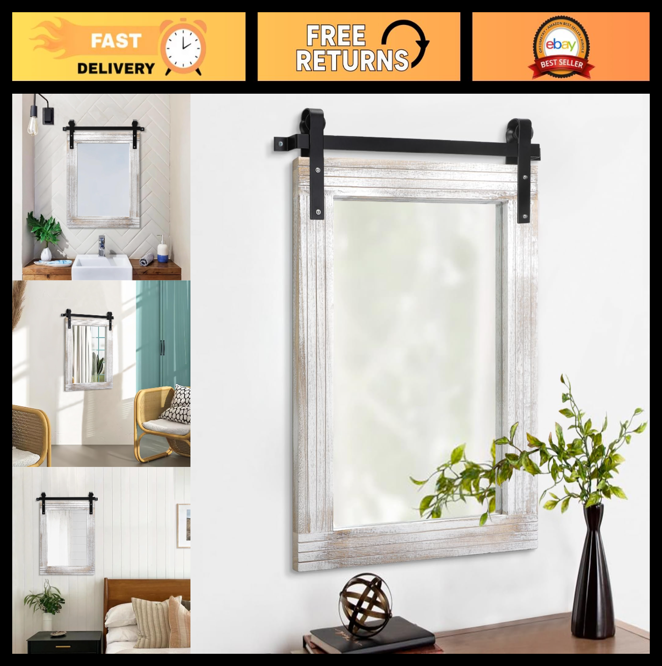 Rustic Barn Door Mirror - 20"x16" Wood Framed Decorative Wall Mirror for Bedroom0