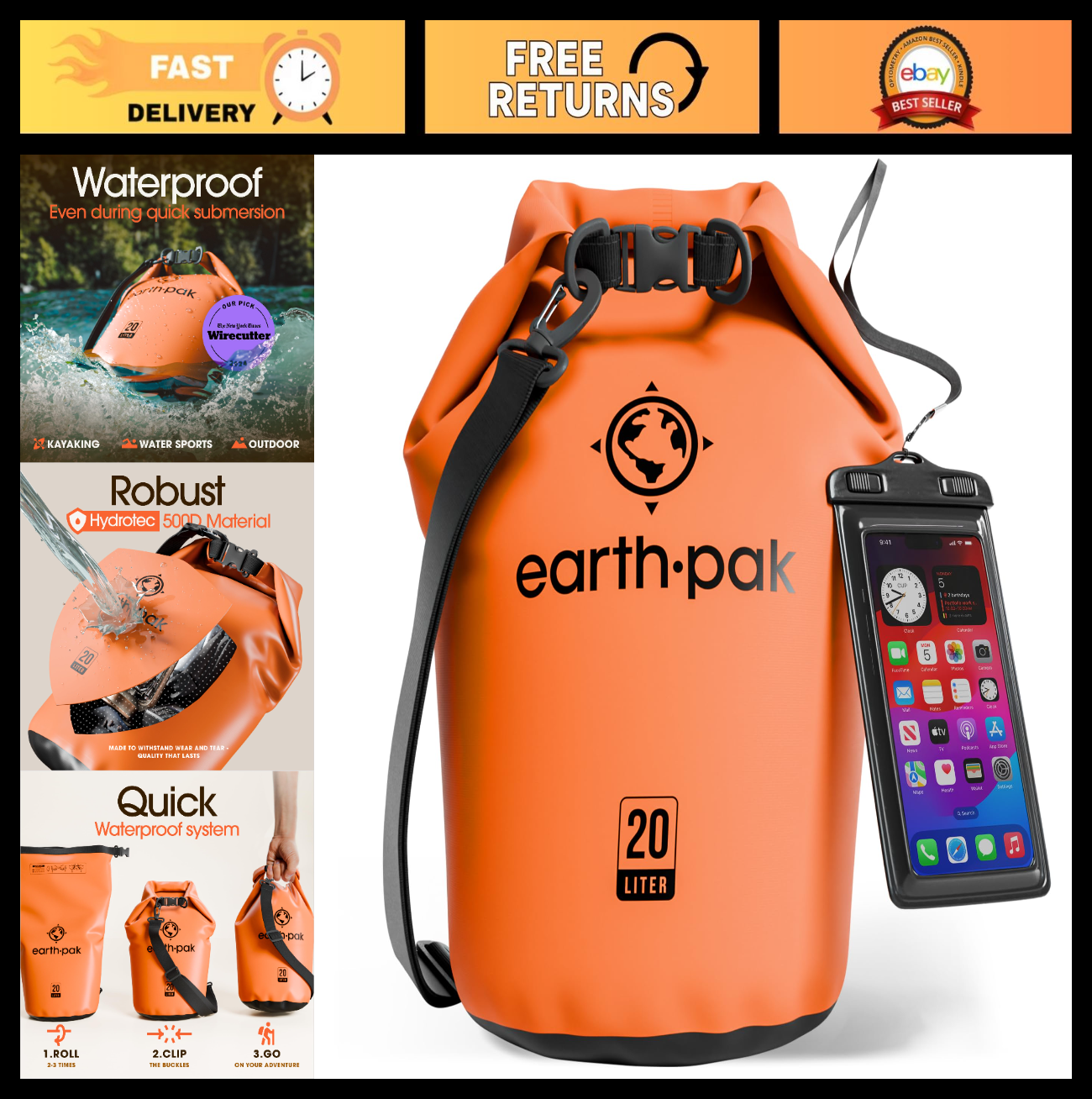 Waterproof Dry Bag Backpack   Roll Top Kayak Gear Sack with Phone Case, 20L0