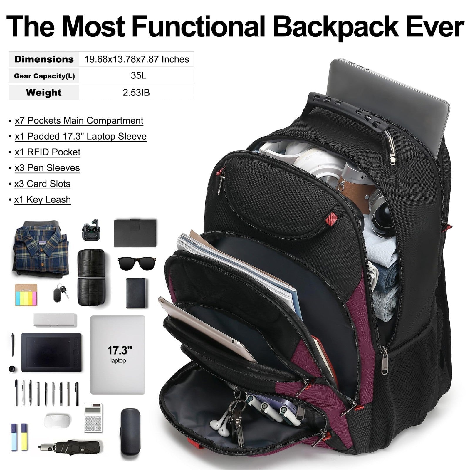 17.3" Waterproof Laptop Backpack with USB Port, Anti Theft Travel Bag, Casual Bo4