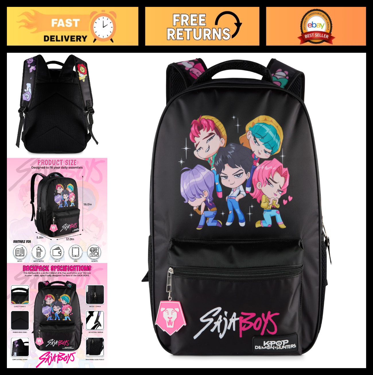 K Pop Demon Hunters Chibi Saja Boys 16” Backpack for Girls, Rubber Molded Charm,0