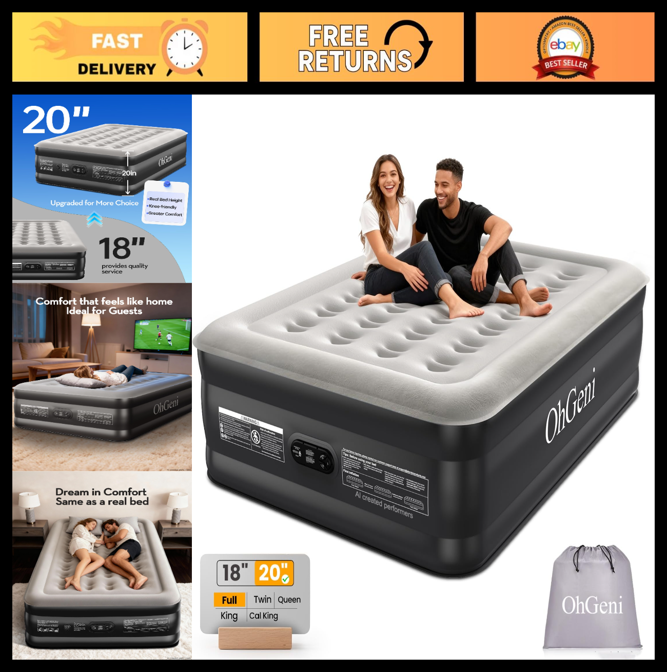 20" Raised Air Mattress with Built in Pump, Waterproof, Flocked Top, 600lb Capac0