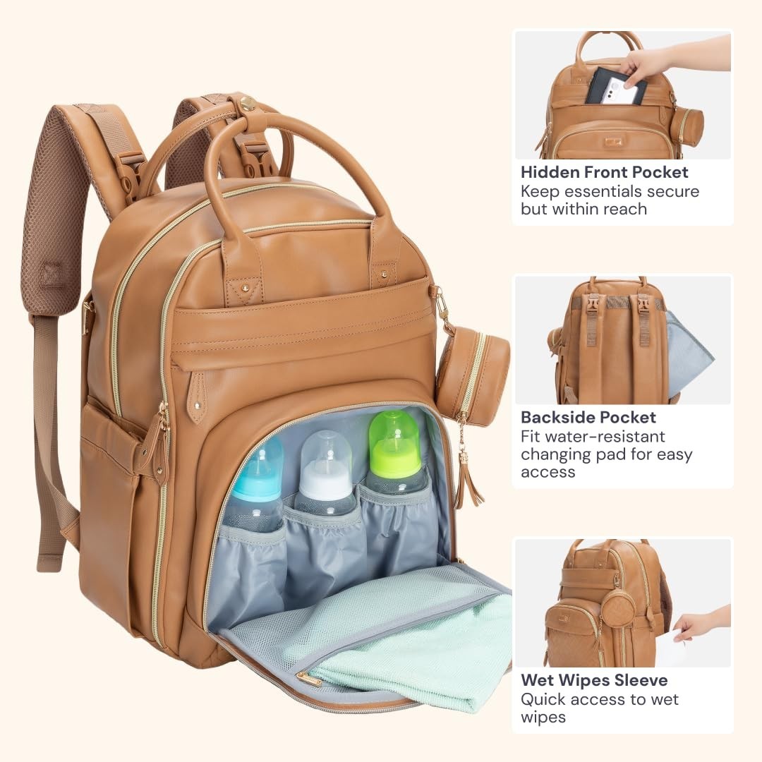 Multi Function Leather Diaper Bag Backpack   Water Resistant, Changing Pad, Stro6