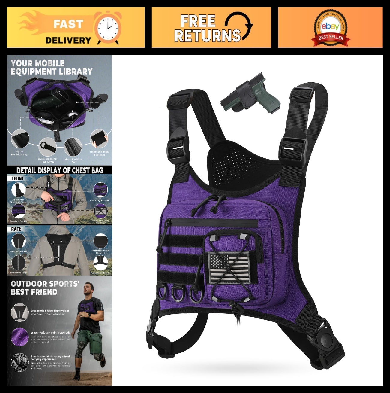 Men's Outdoor Chest Bag - EDC Travel Pack for Running, Hiking & Pistol Carry0