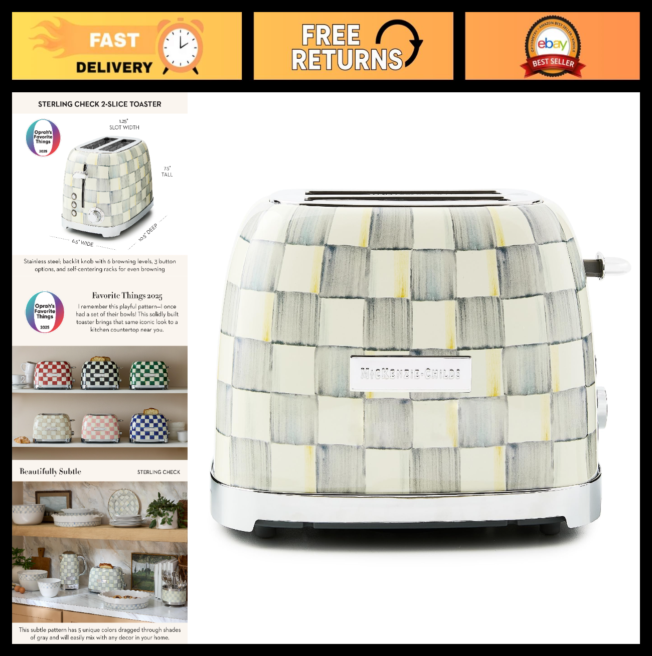 Stylish 2-Slice Toaster for Kitchen, Gray & White Checkered Design, Decorative A0