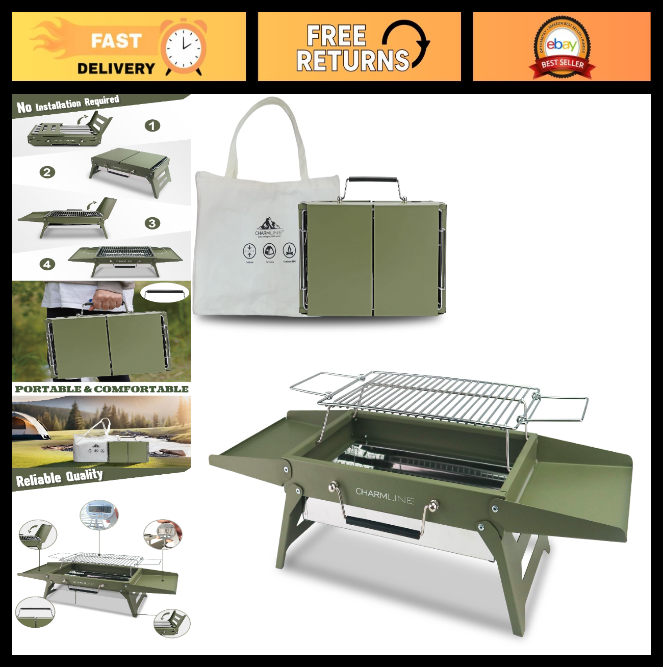 Compact Portable Charcoal BBQ Grill - 14"x9" Foldable Camping Grill for 1-3 Peop0