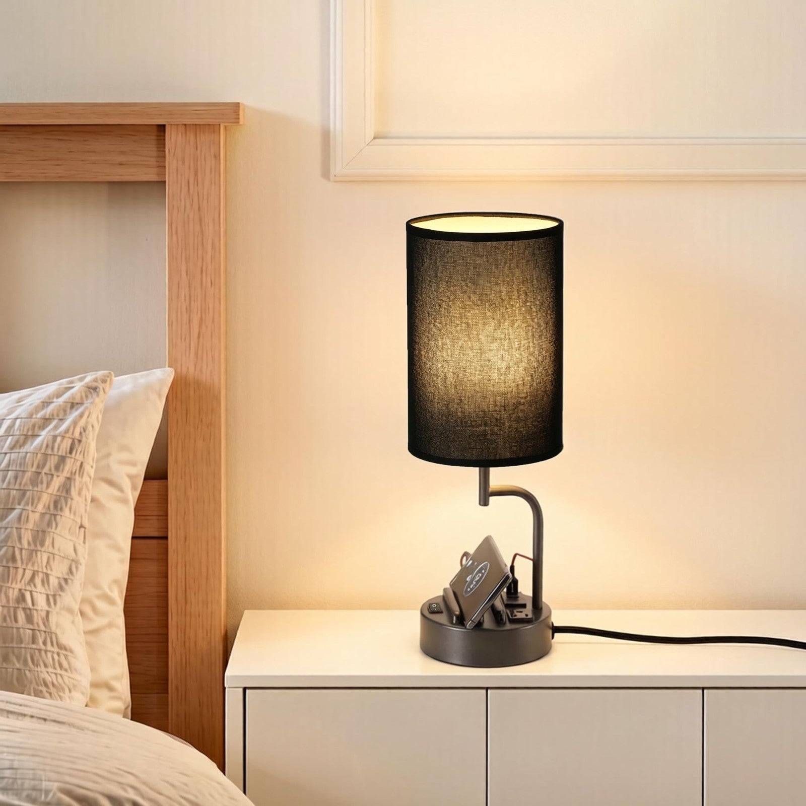 Modern Table Lamp with 3 USB Ports & AC Outlet, Bedside Desk Light, 2 Pack, Blac5