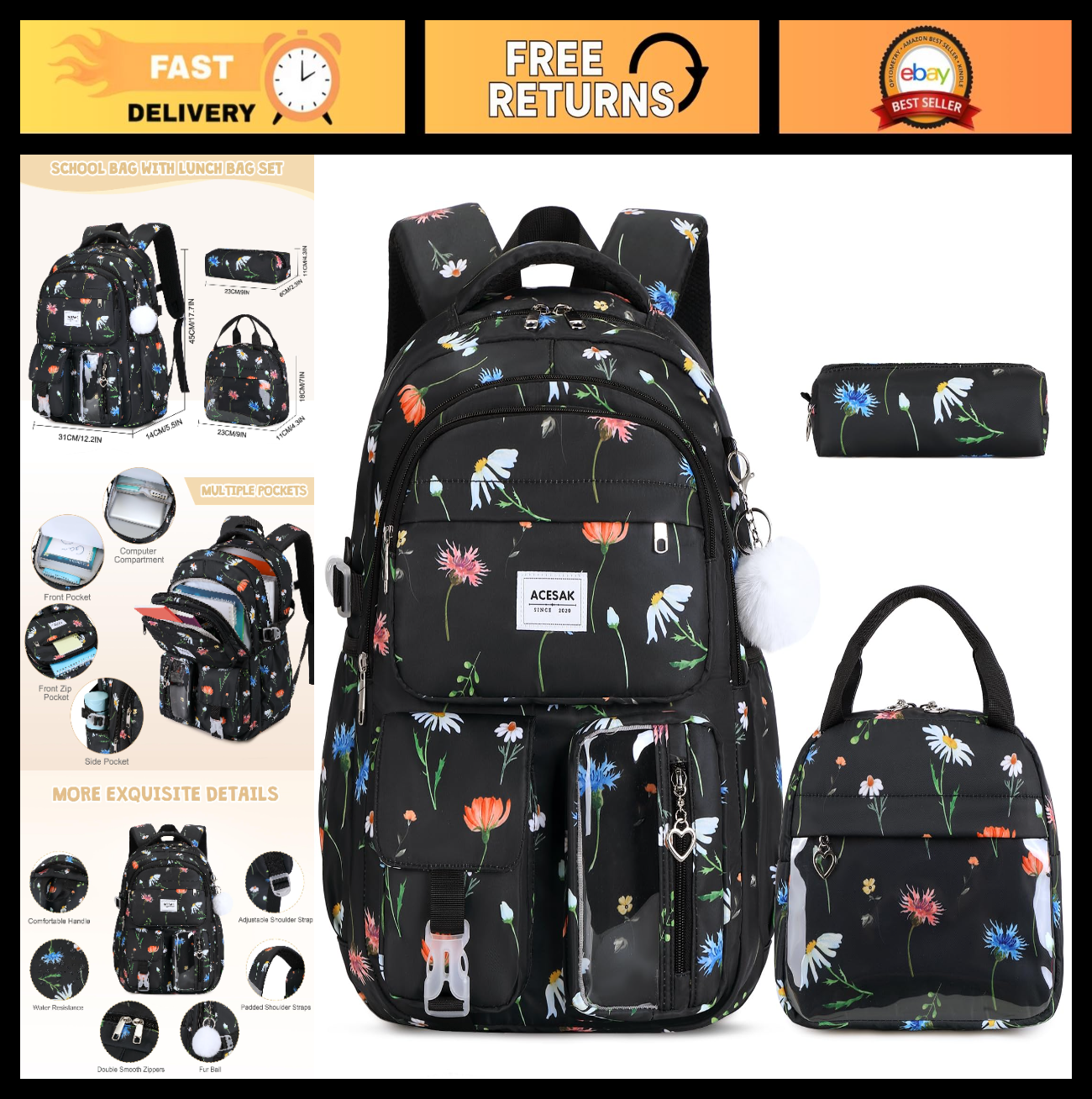 Stylish Girls Backpack with Lunch Bag & Pencil Pouch   Teen School Bookbag, Trav0