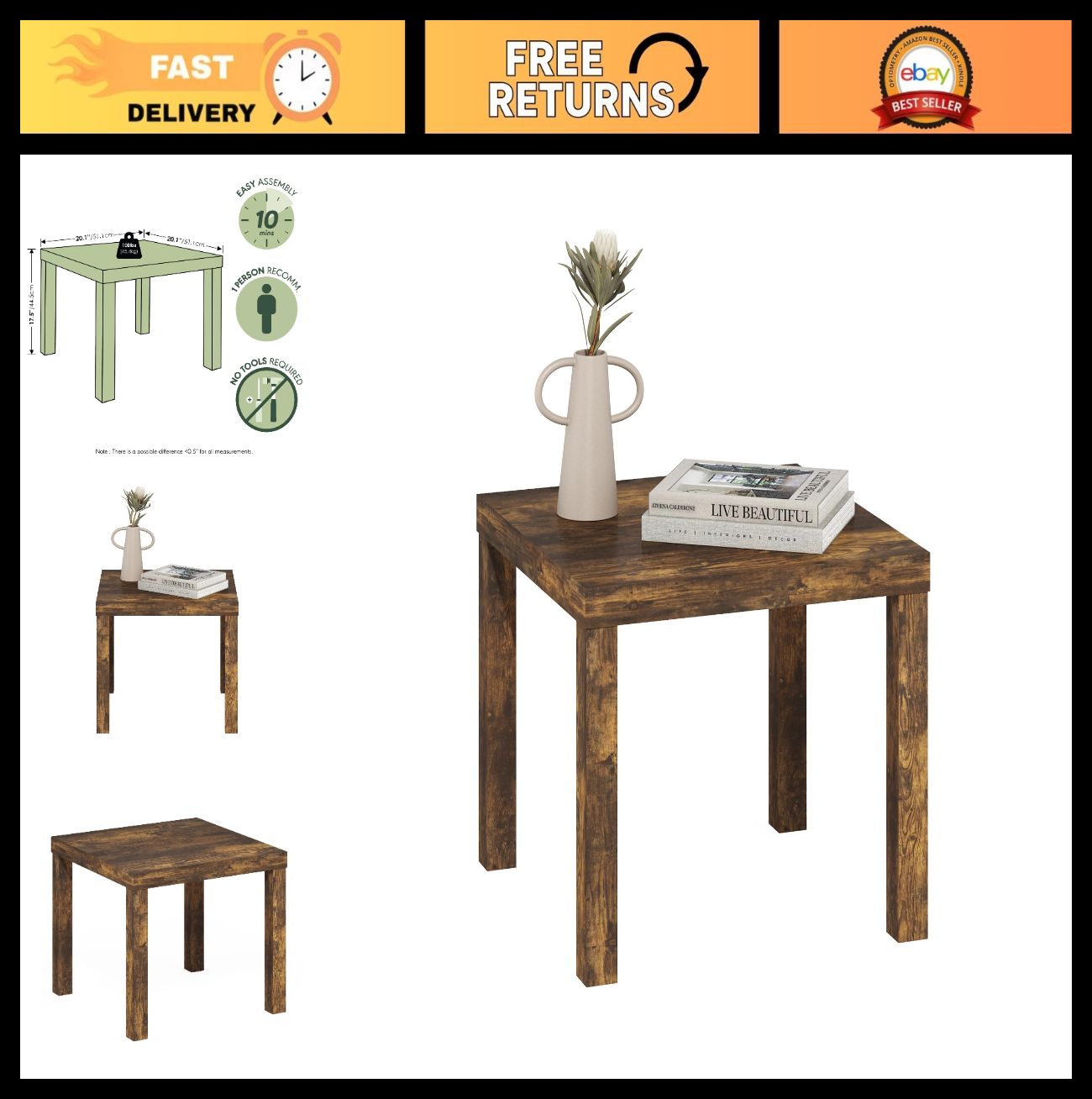Modern Square Side Table - 1.8" Thick Top, Simple Nightstand, Easy Assembly, Amb0