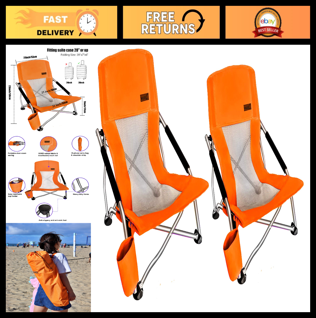 Compact Folding Beach Chair with Cup Holder - Heavy Duty Outdoor Camping (2 Pack0