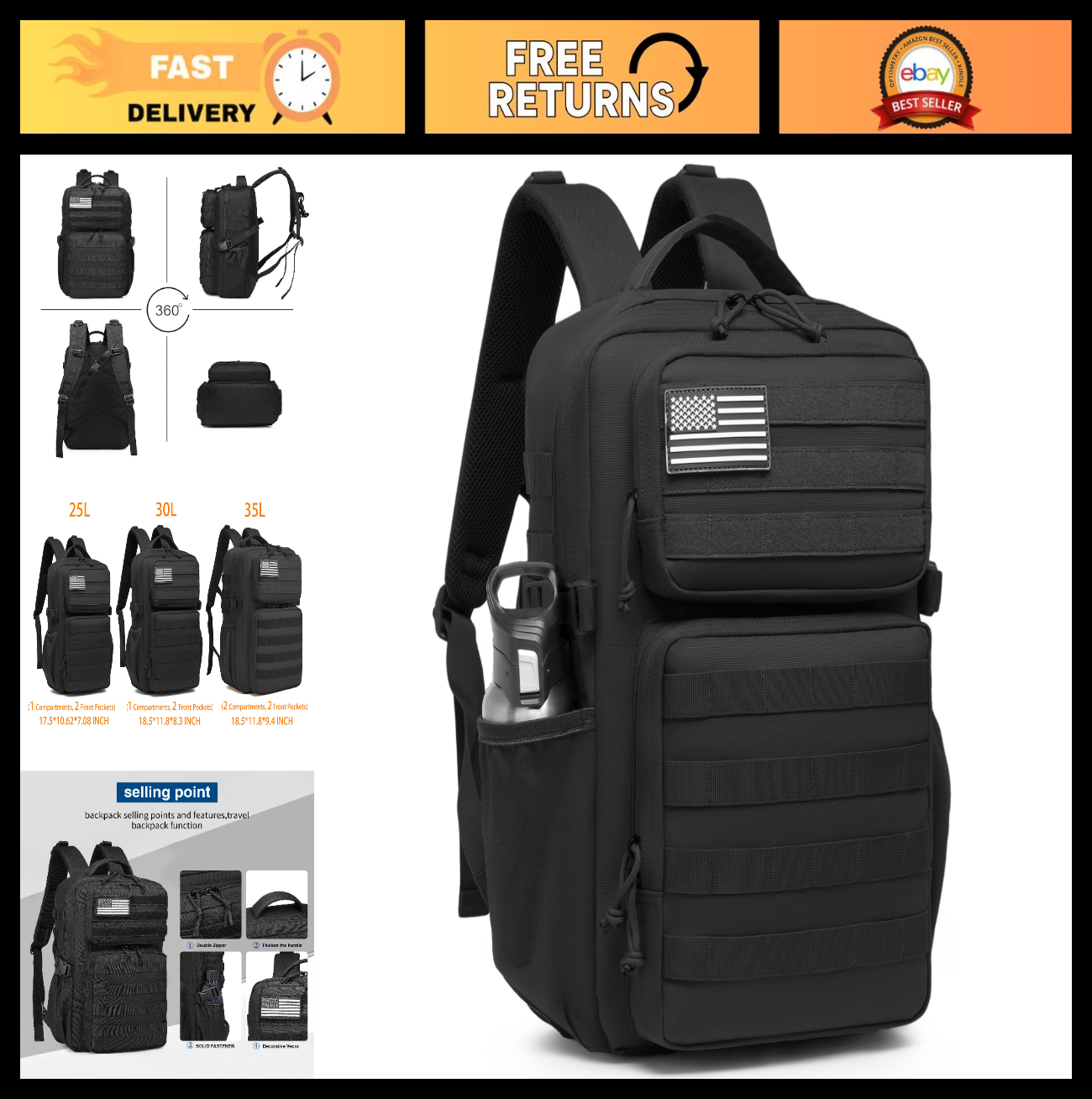 Tactical Military Backpack Waterproof Daypack 3 Day Assault Pack Molle Bag, Wate0