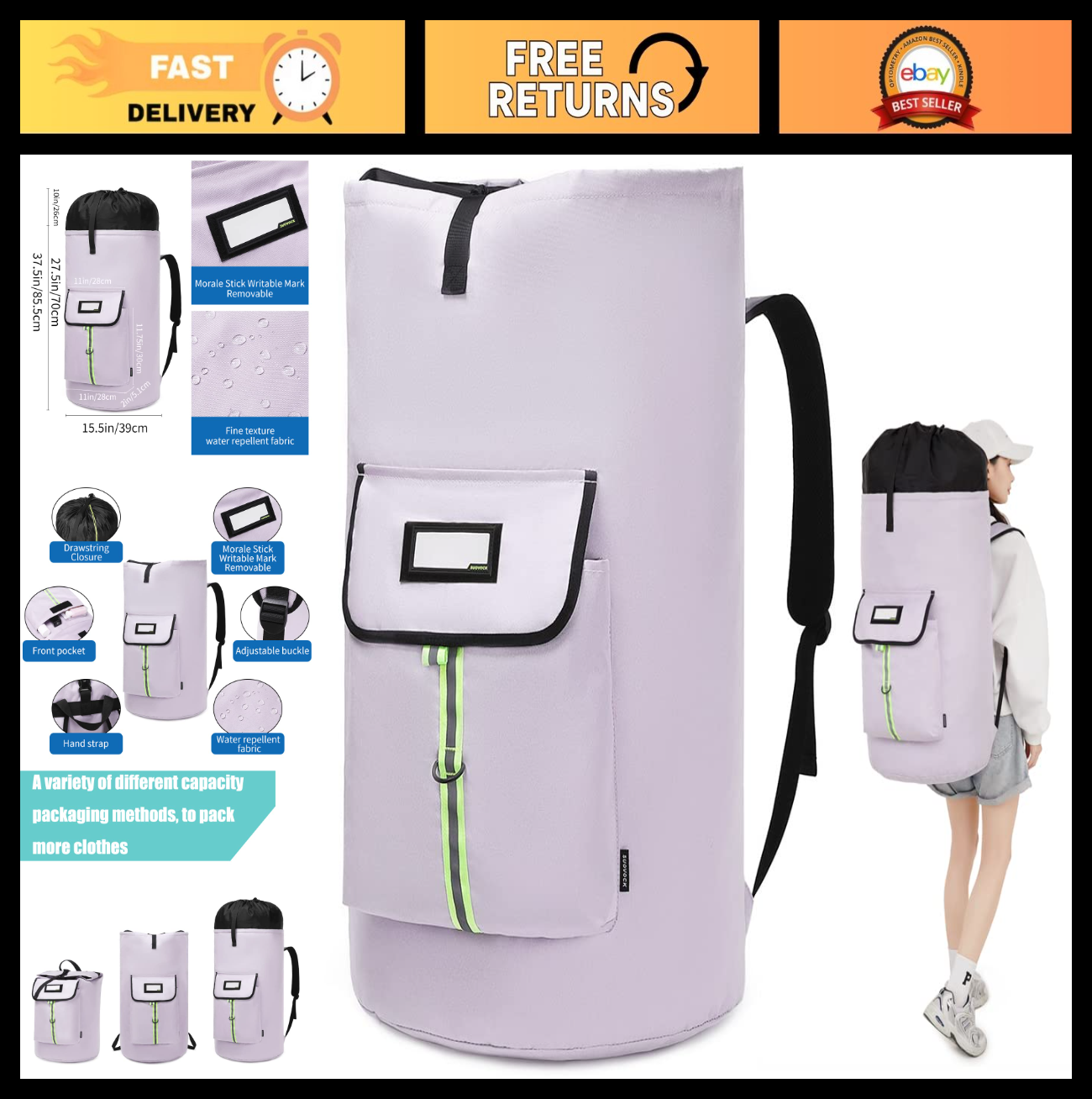Extra-Large Heavy Duty Laundry Backpack Bag for College Students - Drawstring Cl0