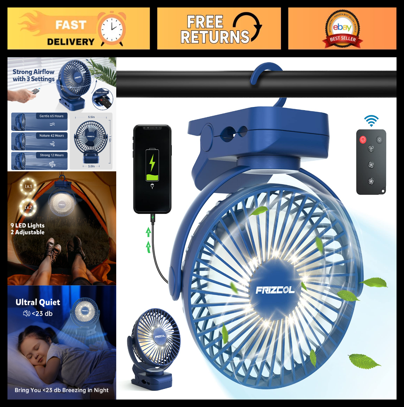 Portable Clip On Fan with 12000mAh Battery, LED Lights, Rechargeable, Ideal for0