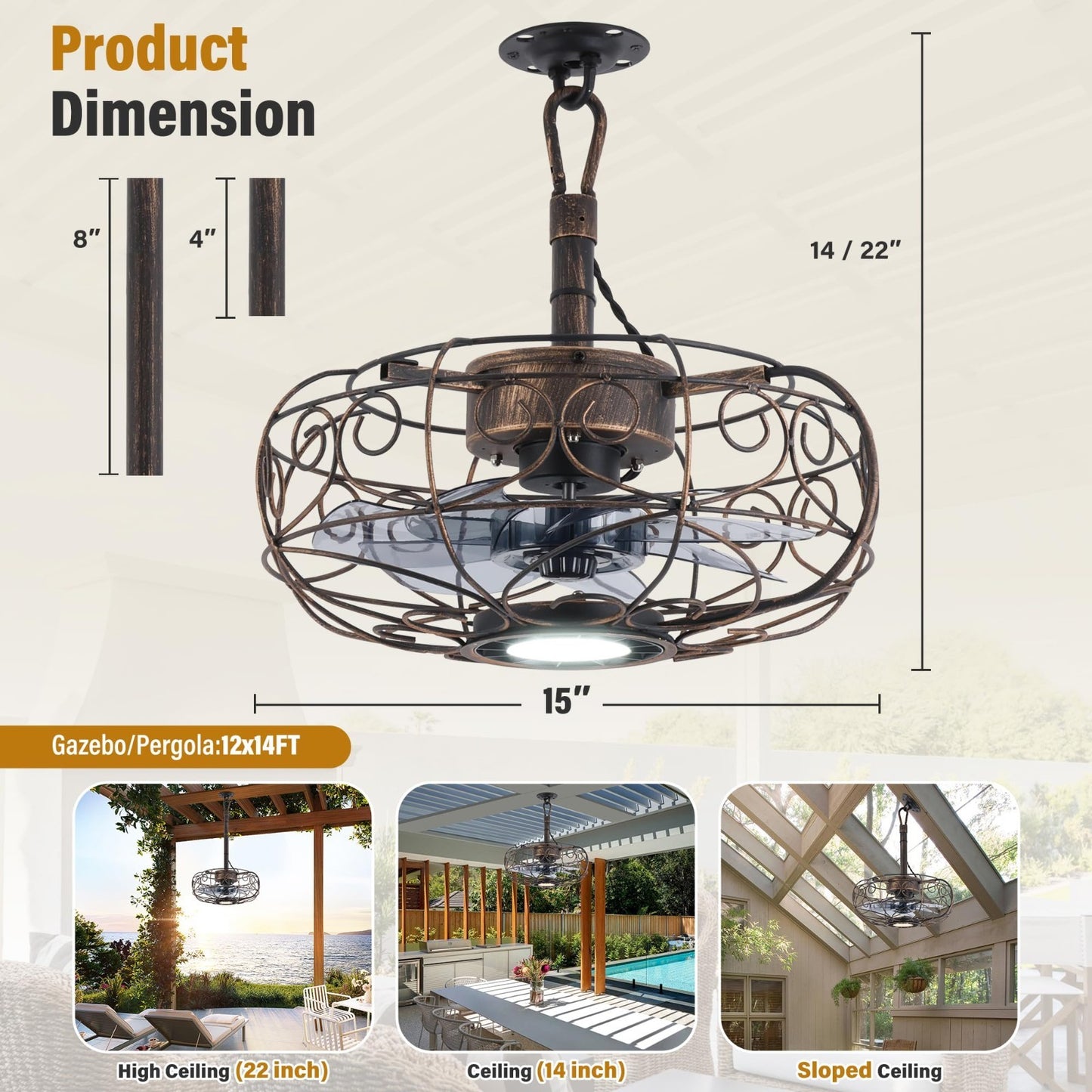 15" Outdoor Ceiling Fan with Light, Remote/APP Control, 6 Speeds, Caged Design f2