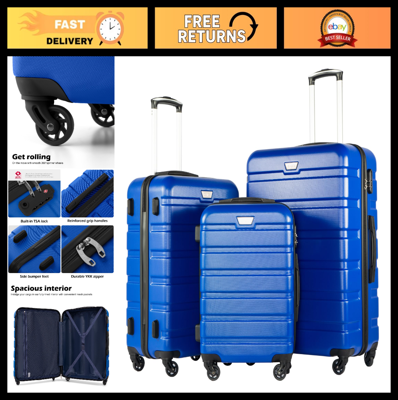 Lightweight Durable Hardshell Luggage Set, 3-Piece Suitcase with 360° Spinner Wh0