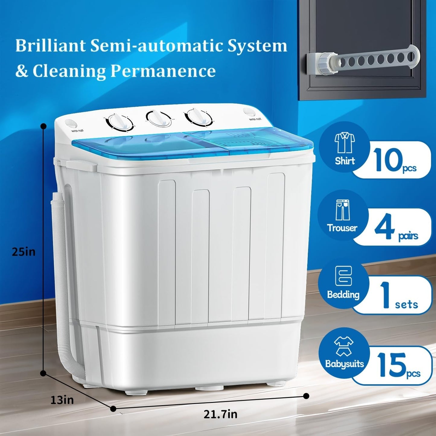 Compact Twin Tub Washing Machine 19lbs with Drying Rack, Mini Semi Automatic Was2