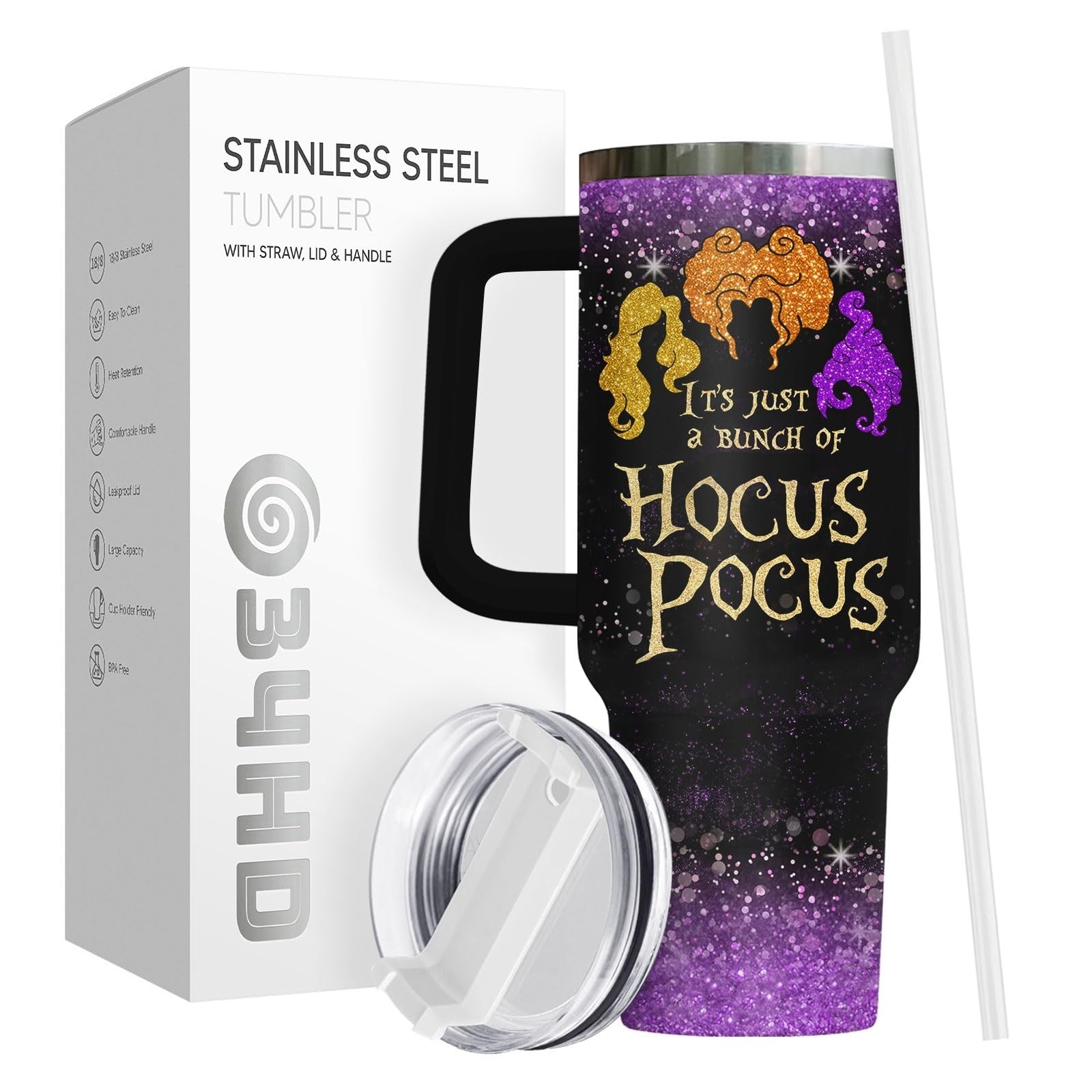 34oz Glitter Tumbler with Handle & Straw   Insulated Travel Mug for Coffee, Funn6