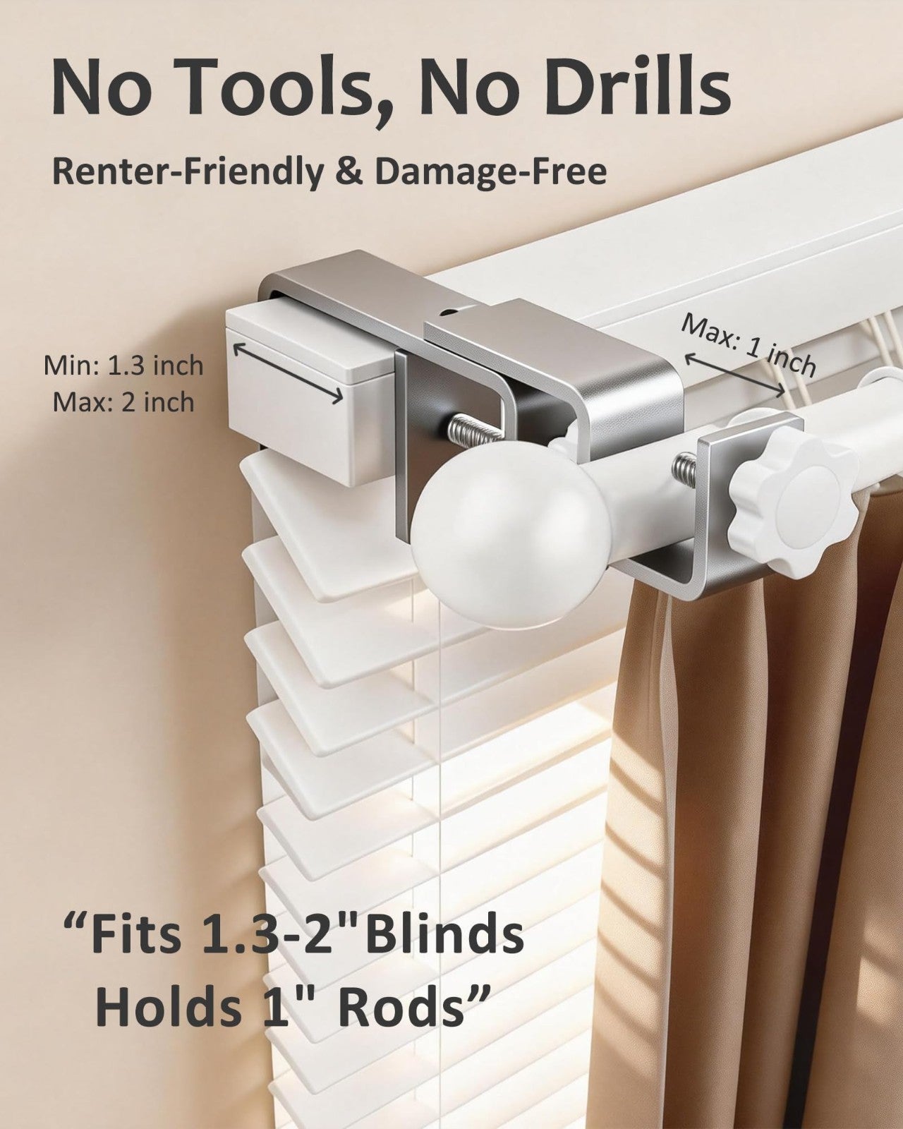 No Drill Curtain Rod Brackets for Outside-Mount Blinds, Tool-Free Holders, 3 Pac2