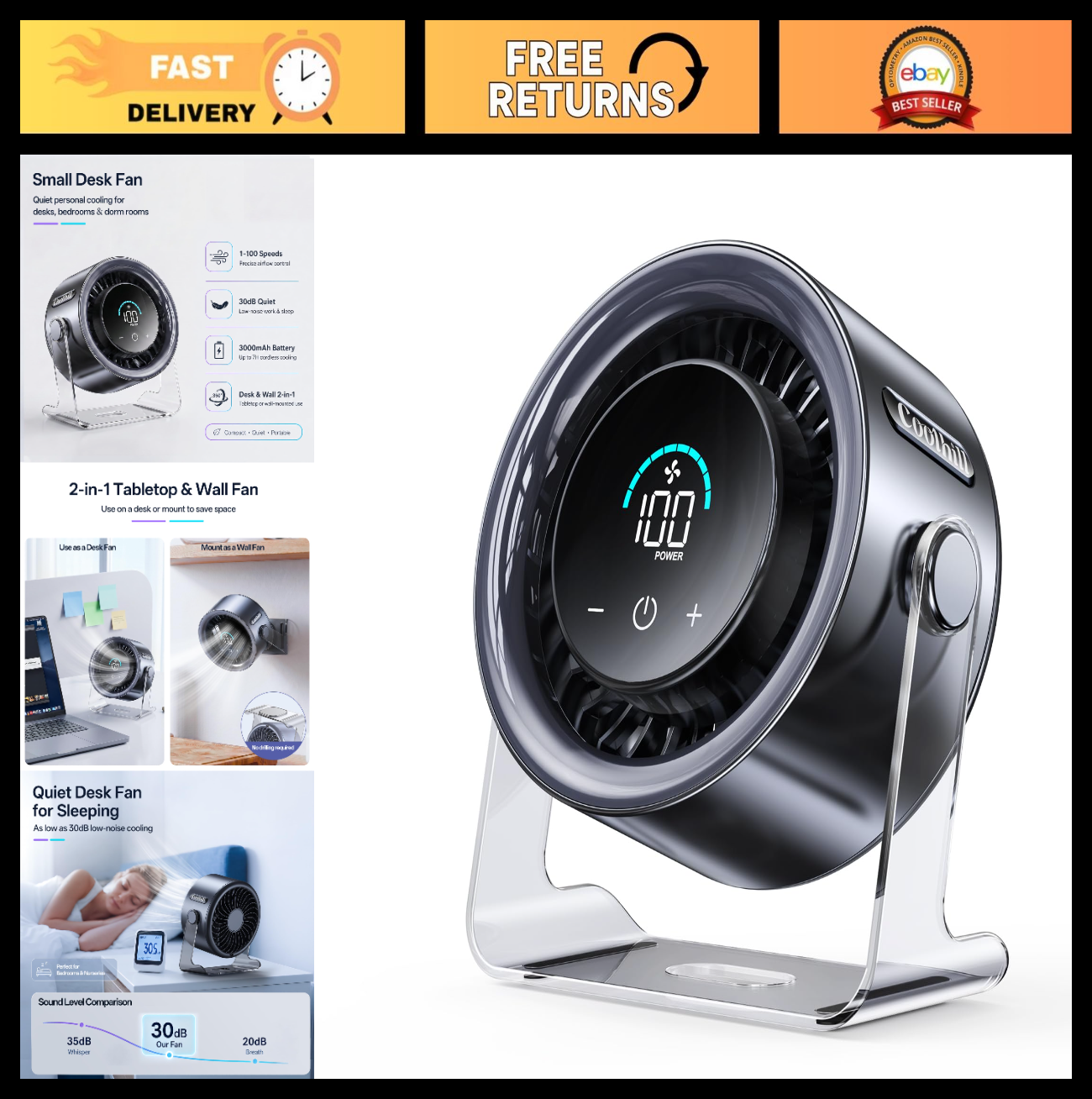 Quiet USB Desk Fan with 100 Speeds & Digital Display   Portable Rechargeable, 120