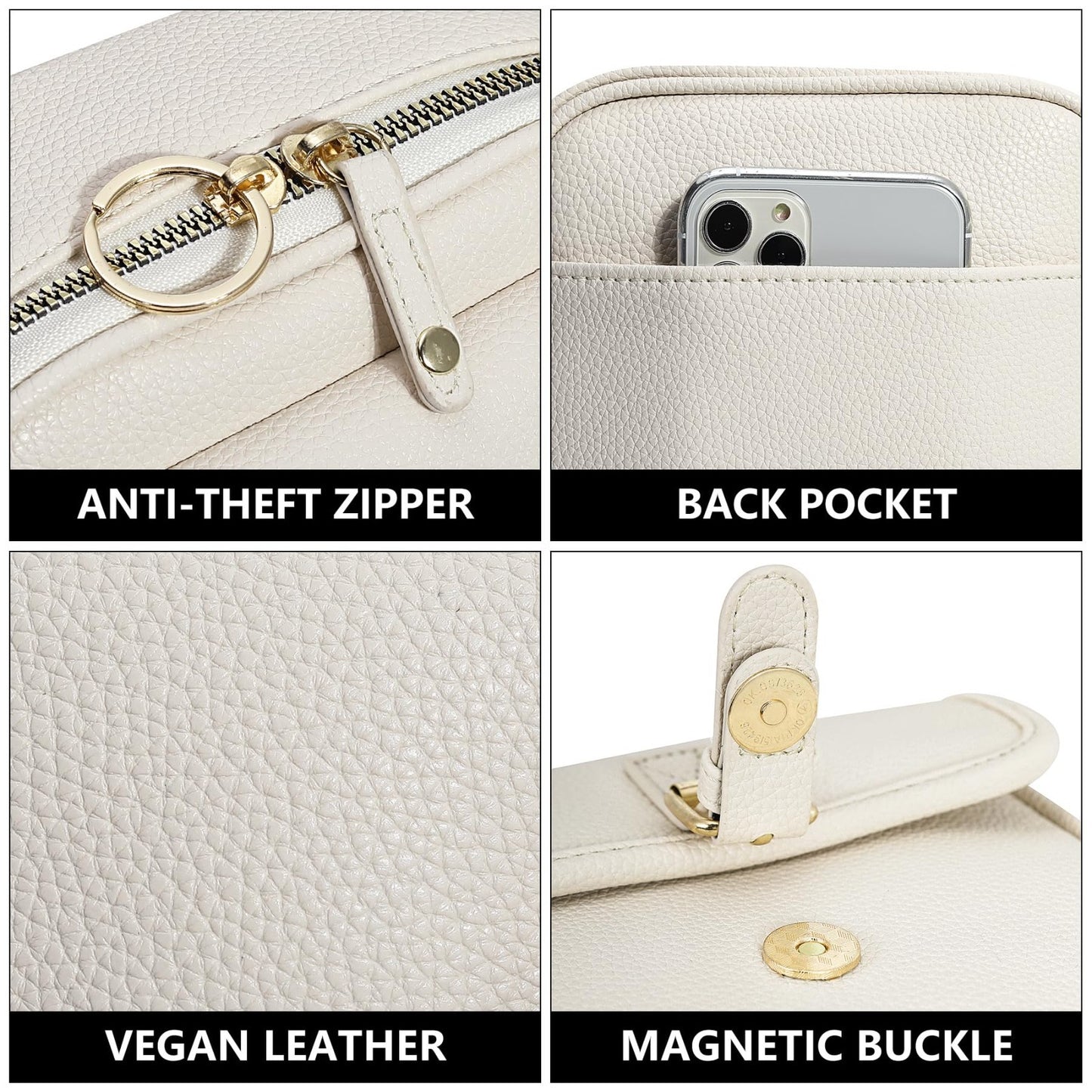 Vegan Leather Crossbody Bag for Women - Vintage Anti-Theft Messenger Purse with3