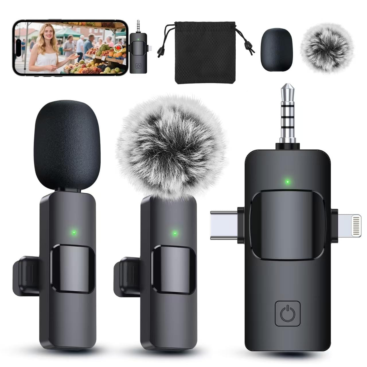 3 in 1 Wireless Lavalier Microphone for iPhone/Android/Camera   Mini Mic, Clear1