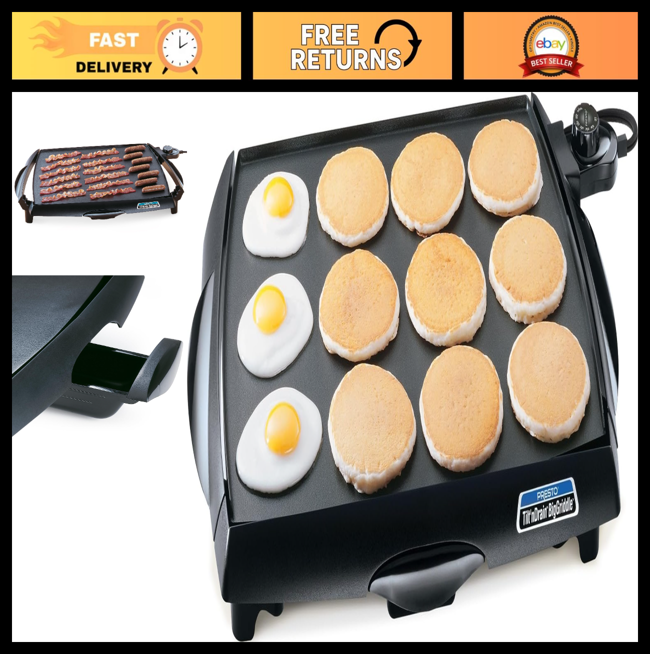 Cool-Touch Electric Griddle, Large Non-Stick Cooking Surface, Tilt 'n Drain Desi0