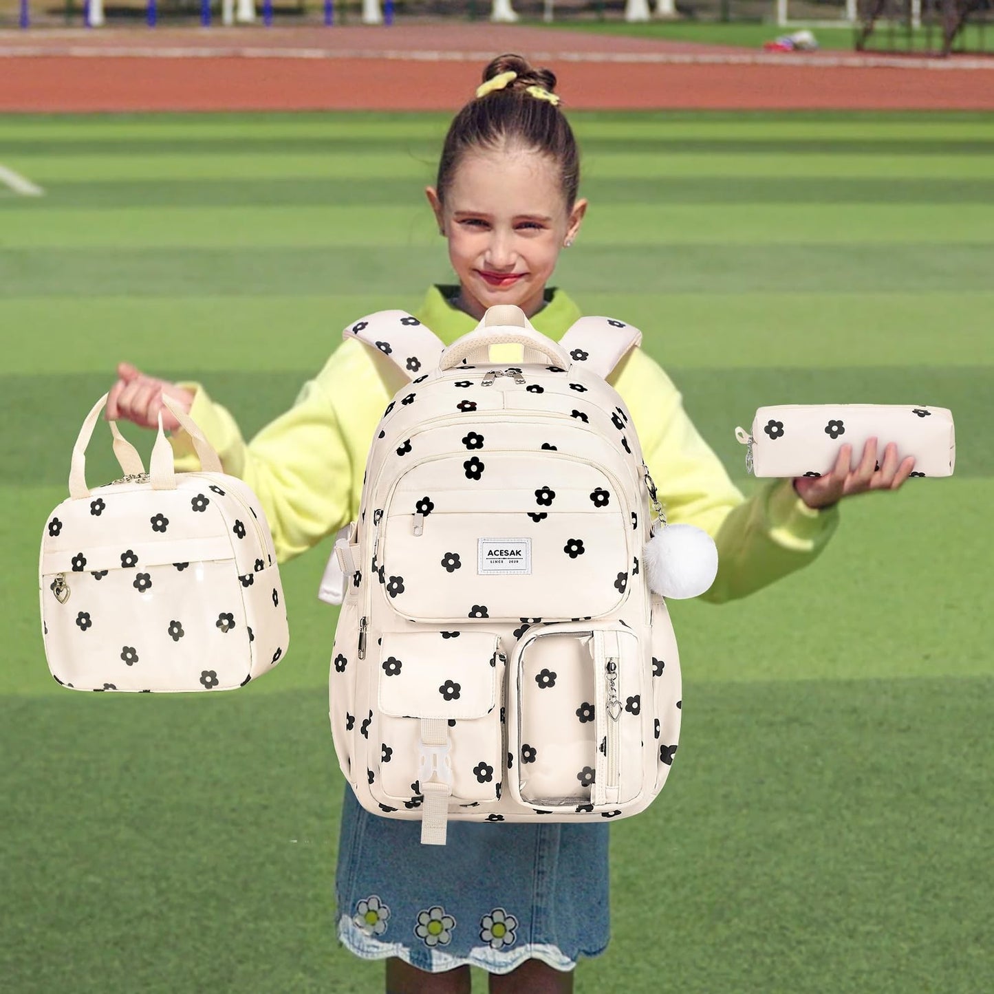 Stylish Girls Backpack with Lunch Bag & Pencil Pouch   Teen Laptop Bookbag, Flor2