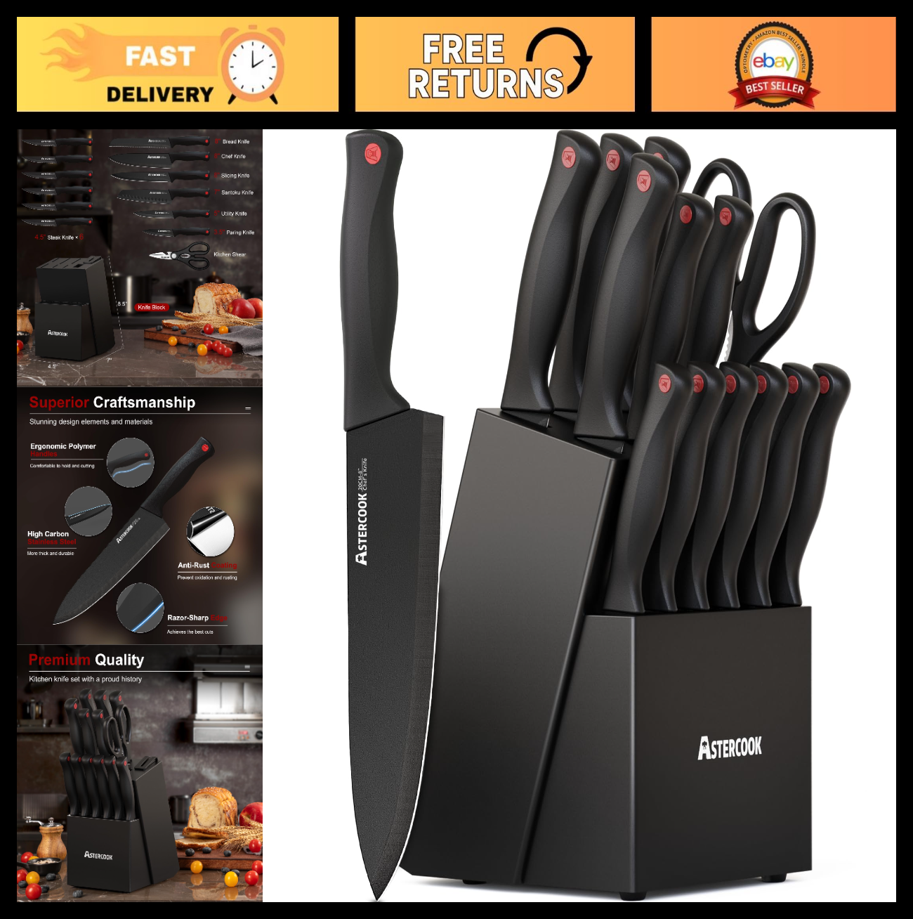 15 Piece Kitchen Knife Set with Block & Sharpener   Stainless Steel, Dishwasher0