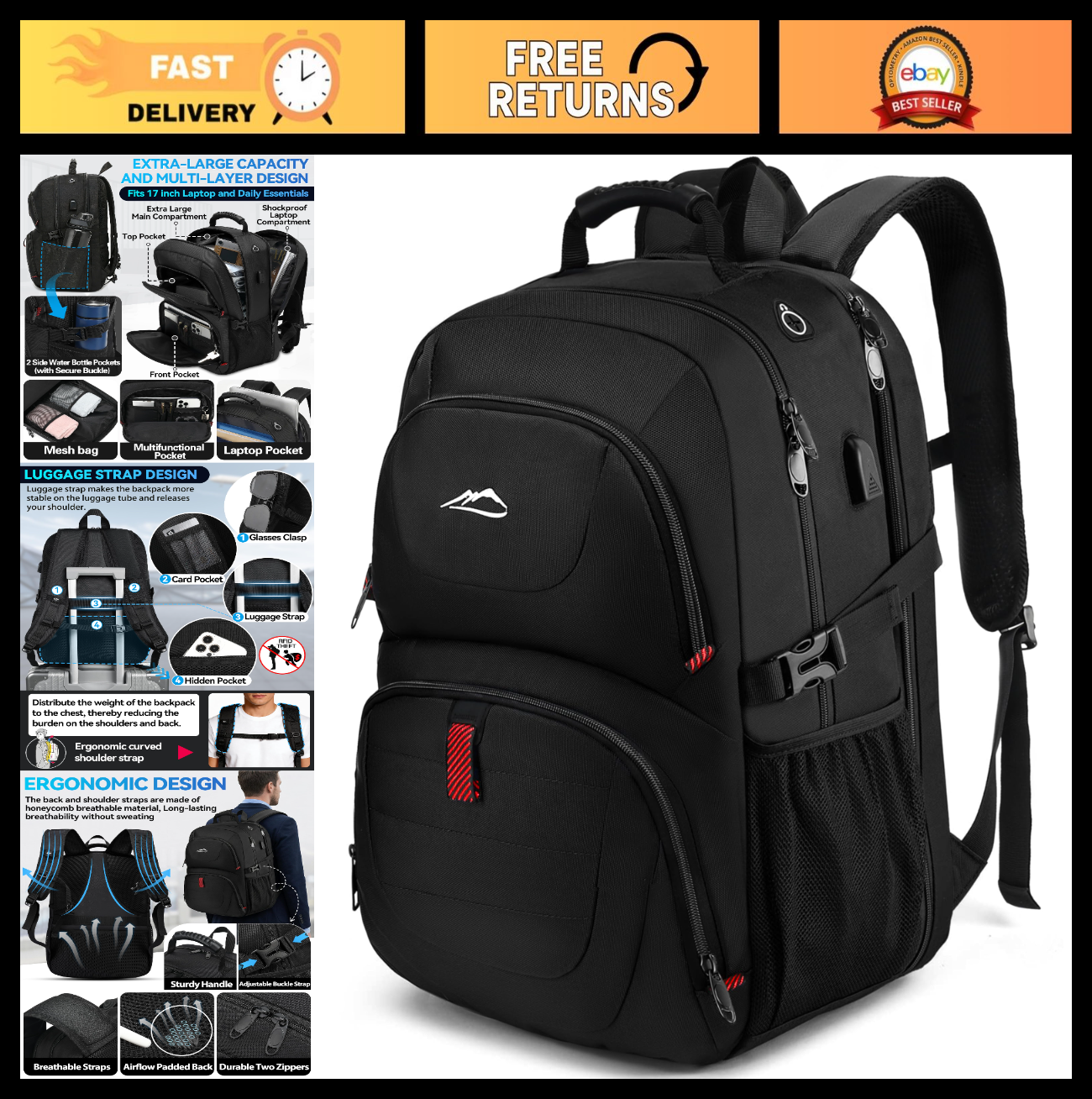 Extra Large Anti Theft Travel Backpack for 17" Laptop, USB Charging, TSA Approve0