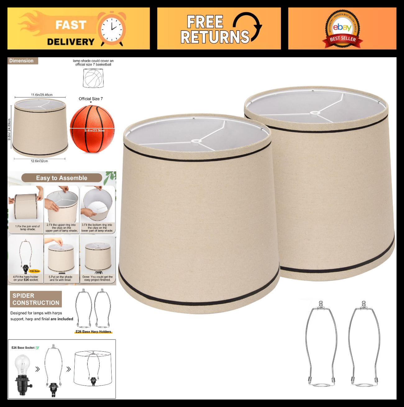 Set of 2 Drum Lampshades 11.6" x 12.6" Beige with Black Rim, Natural Linen, Easy0