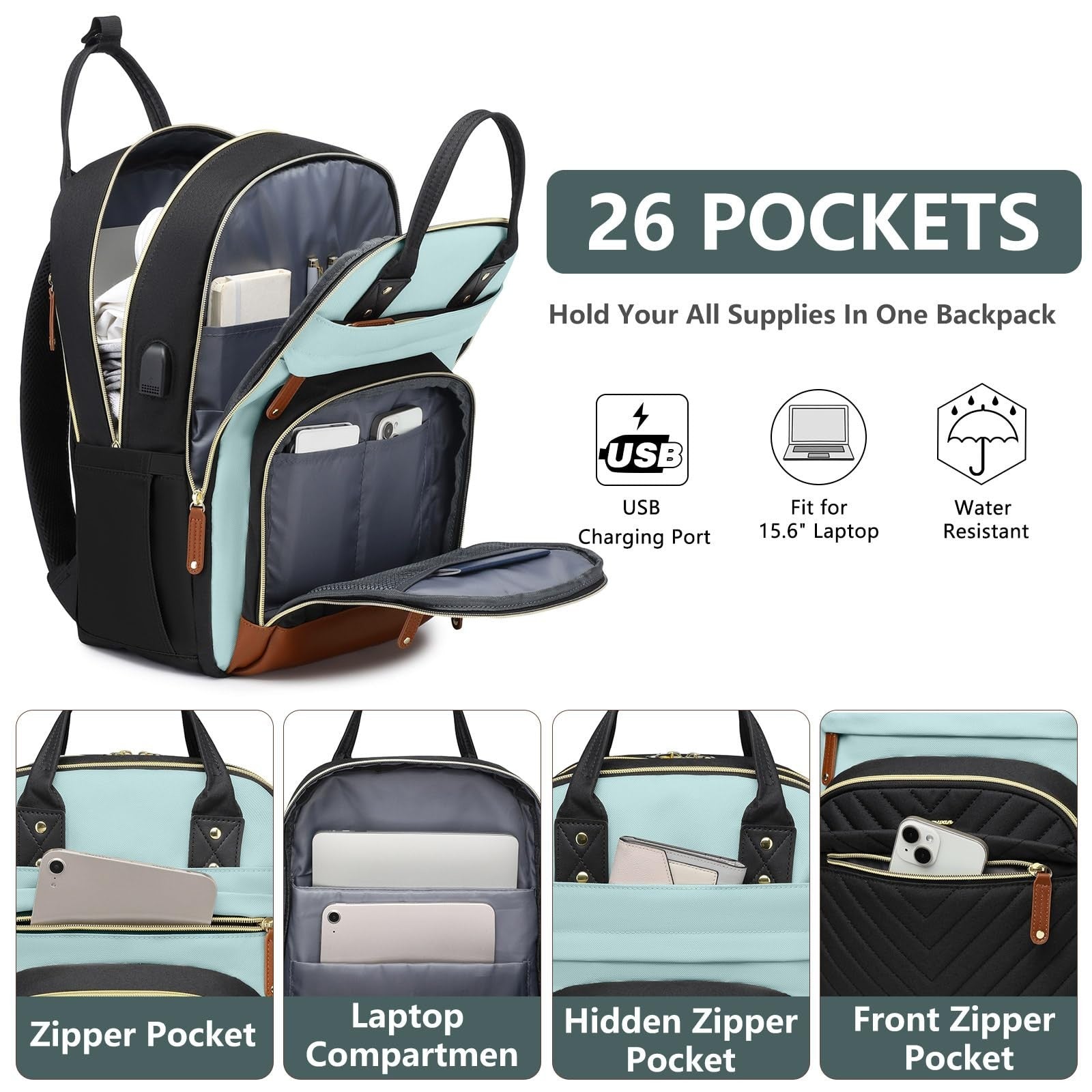 Stylish Waterproof Laptop Backpack for Women   15.6" USB Charging College Bag, A2