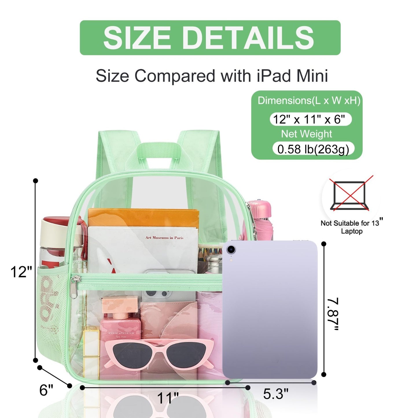 Clear Stadium Backpack 12x11x6" | Waterproof Game Day Bag with 2 Side Pockets2