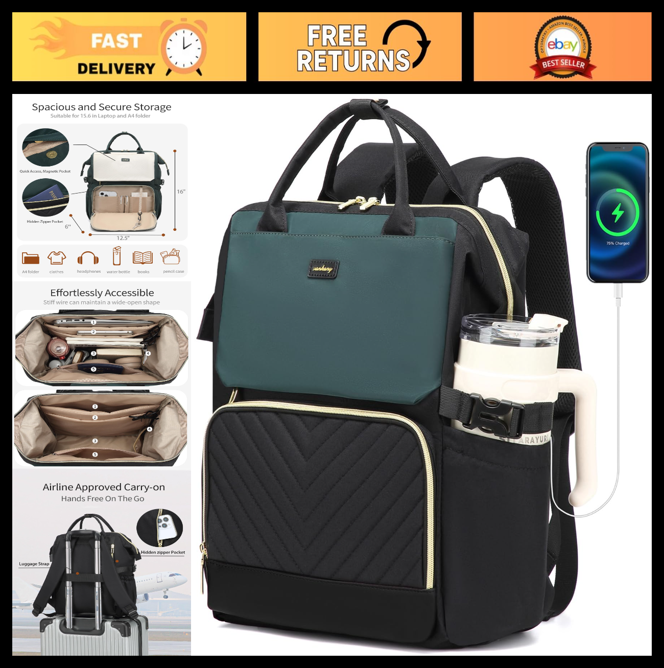 Stylish Laptop Backpack for Women   USB Charger, Cup Holder, Travel Bookbag, Gif0