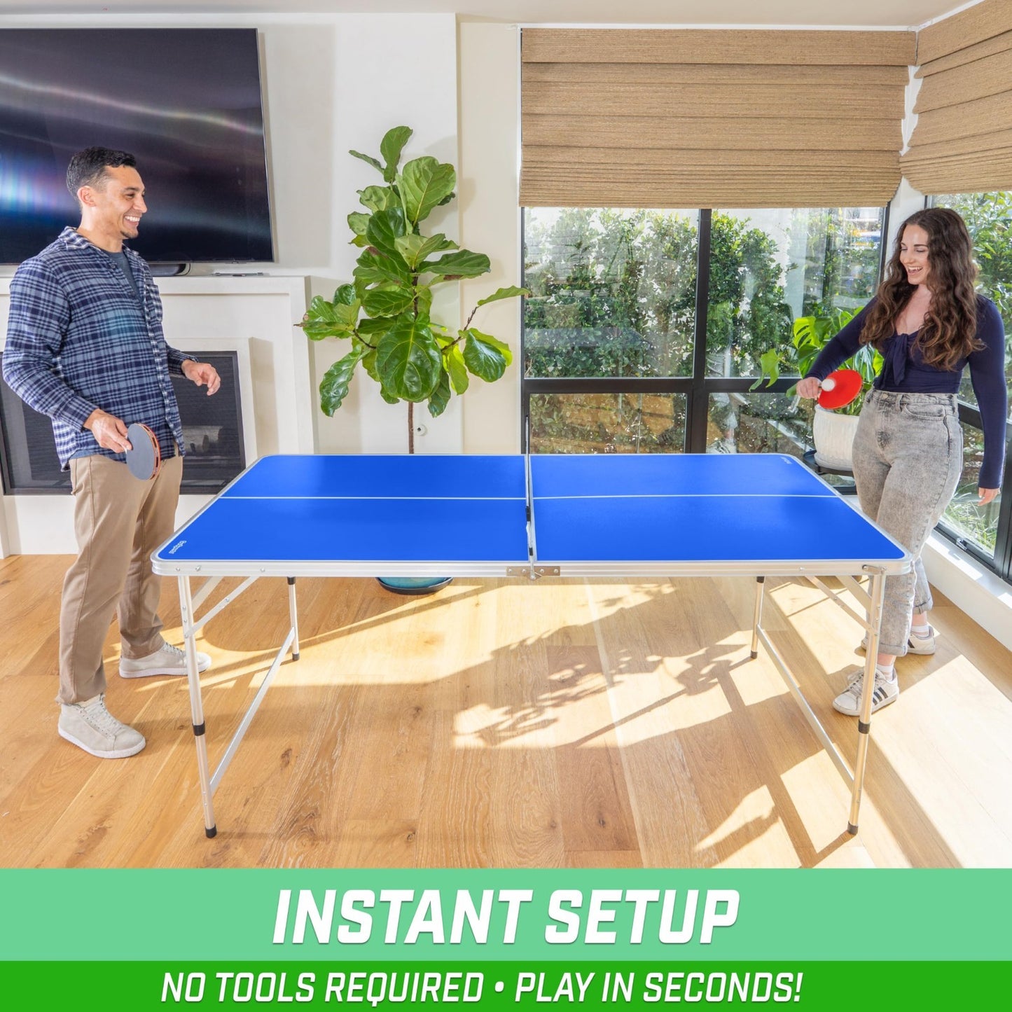 Adjustable Height 6x3 ft Table Tennis Table Set - Indoor/Outdoor Play - Green/Bl2