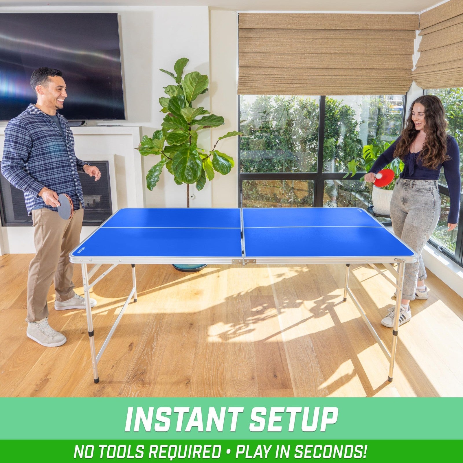 Adjustable Height 6x3 ft Table Tennis Table Set - Indoor/Outdoor Play - Green/Bl2