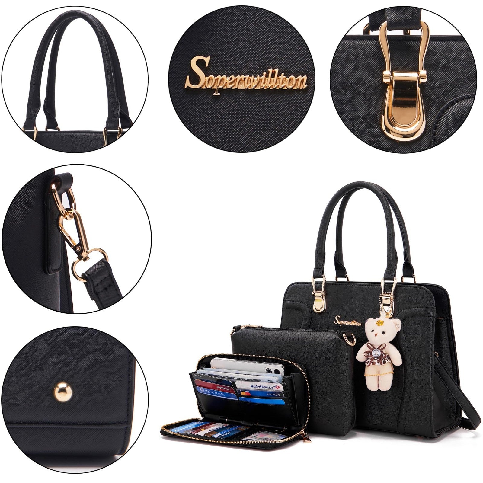 Stylish 3pcs Women's Shoulder Handbags Set - Satchel, Purse & Wallet Combo5