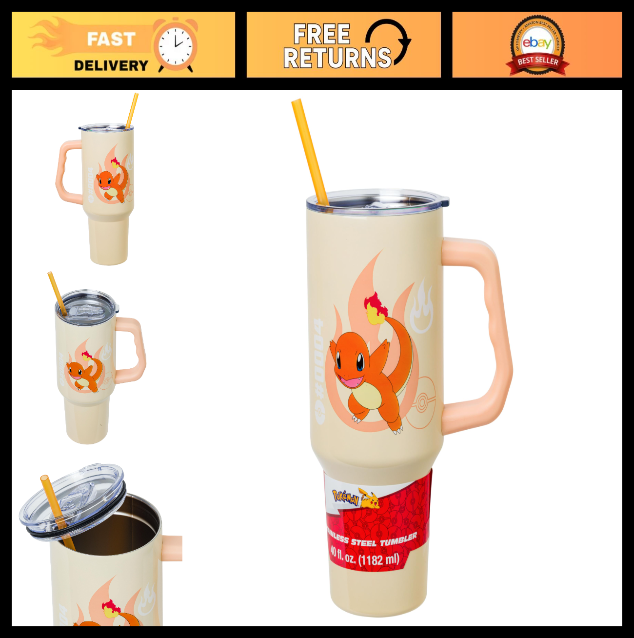 Charmander Stainless Steel Tumbler with Handle   40oz, Fits Standard Cup Holder0