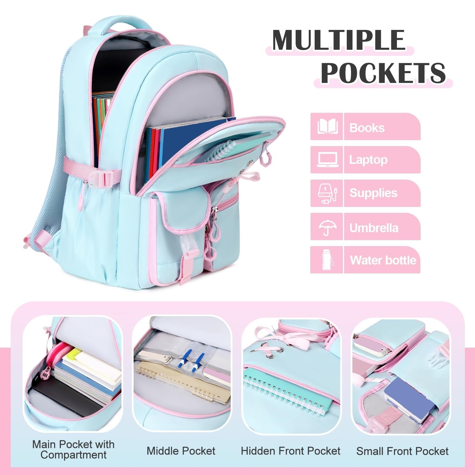 Girls Backpack Set   9PCS with Lunch Bag, Pencil Case, Bento Box & Water Bottle6