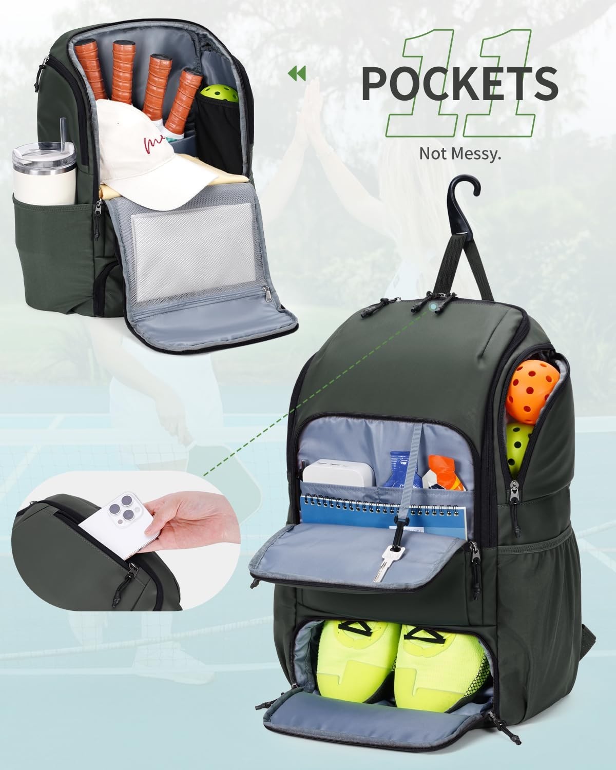 Waterproof Pickleball Bag with Shoe Compartment & Fence Hook | 30L, 2 Pockets, A3