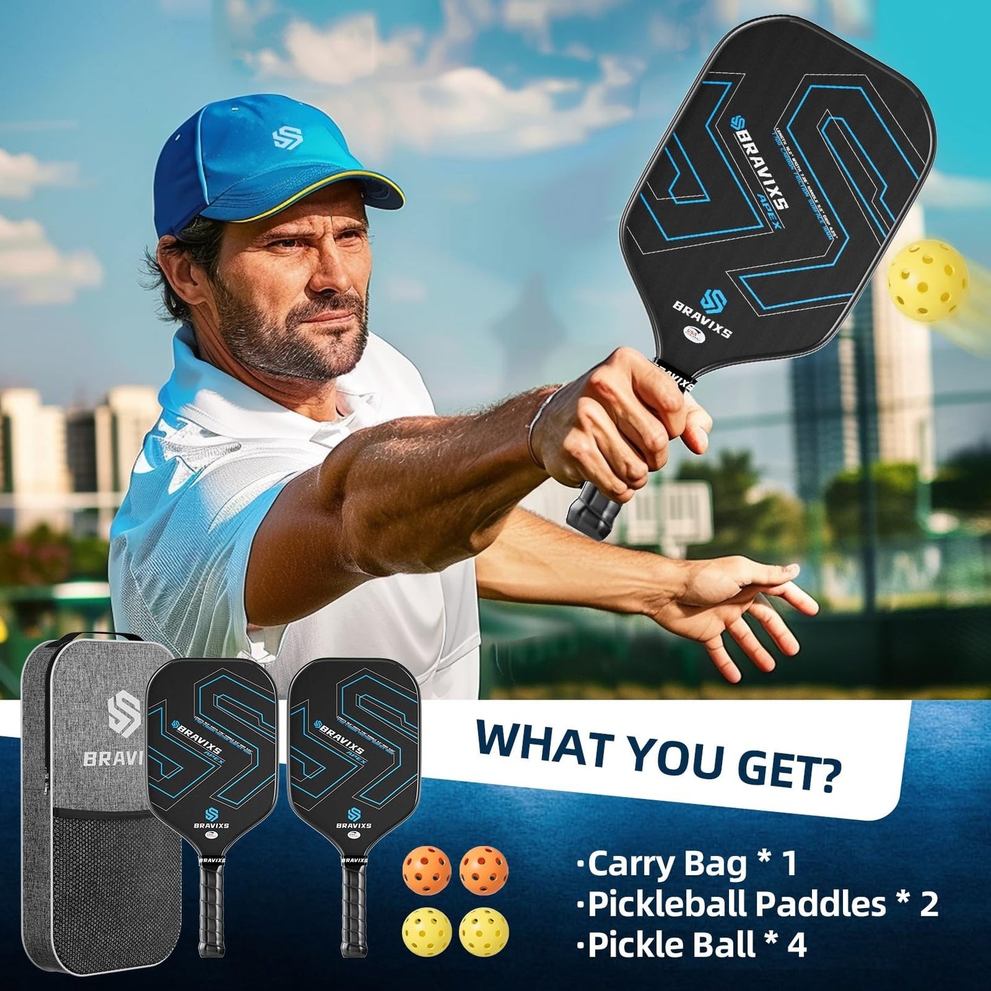 Set of 2 USAPA Approved Pickleball Paddles, T700 Carbon Fiber Rackets + 4 Balls4