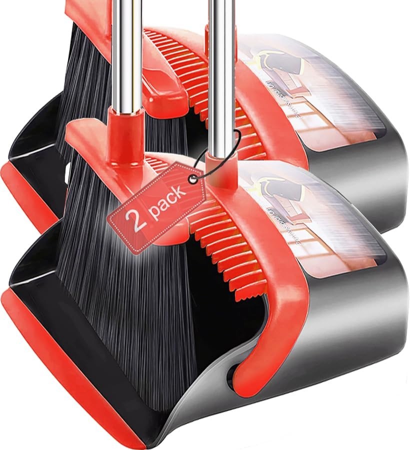 2-Pack Broom & Dustpan Set - 52" Long Handle, Self-Cleaning Teeth, Indoor/Outdoo0