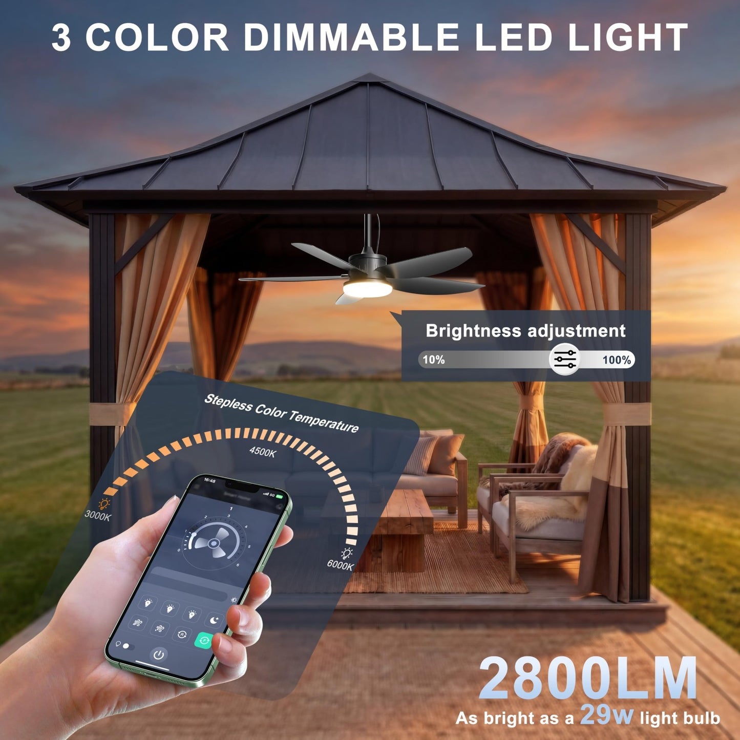 42" Waterproof Outdoor Ceiling Fan with Lights, Remote Control, Quiet DC Motor,3