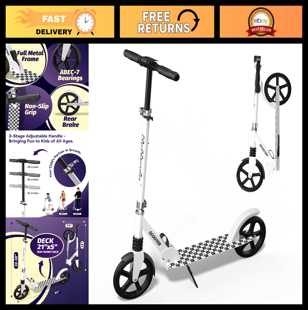 Kick Scooter for Kids & Adults, Adjustable Height, Foldable, 240 LBS Max Load, 80