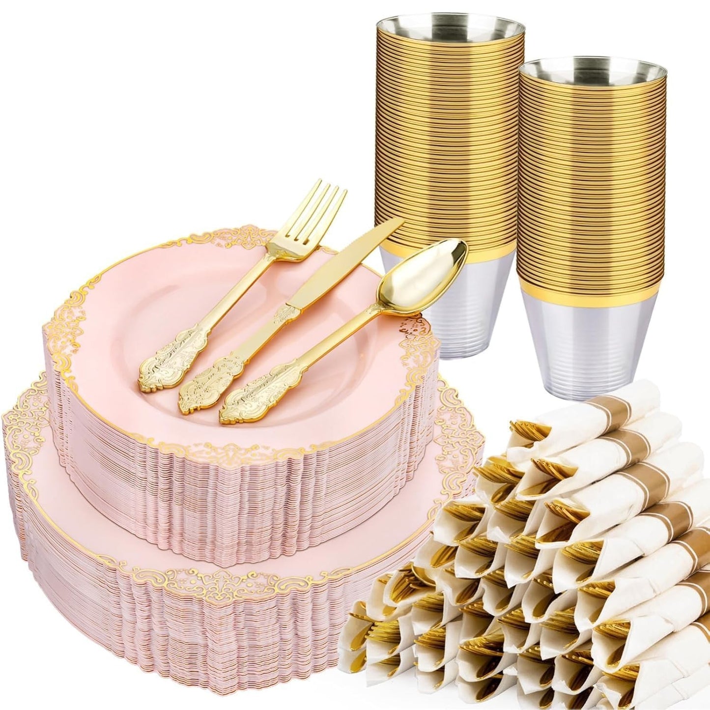 350-Piece Pink Disposable Dinnerware Set for 50 Guests | Plates, Silverware, Cup1
