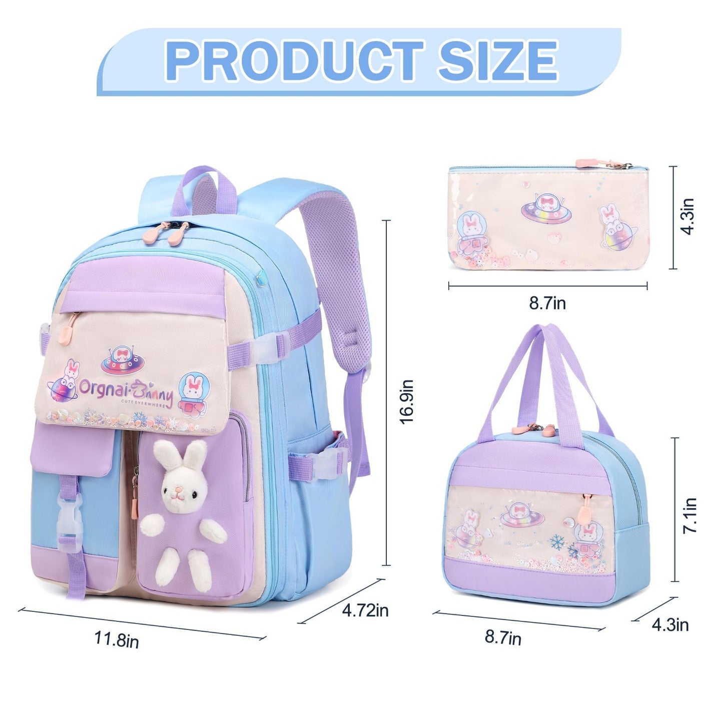 Cute Bunny Girls Backpack Set   3PCS School Bag with Lunch Box & Pencil Case, Bl2