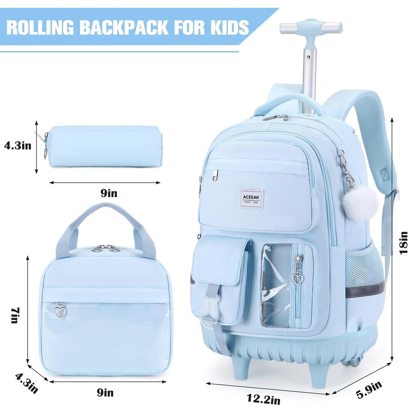 Rolling Backpack for Girls with Lunch Bag & Pencil Pouch   Wheeled Bookbag for S2