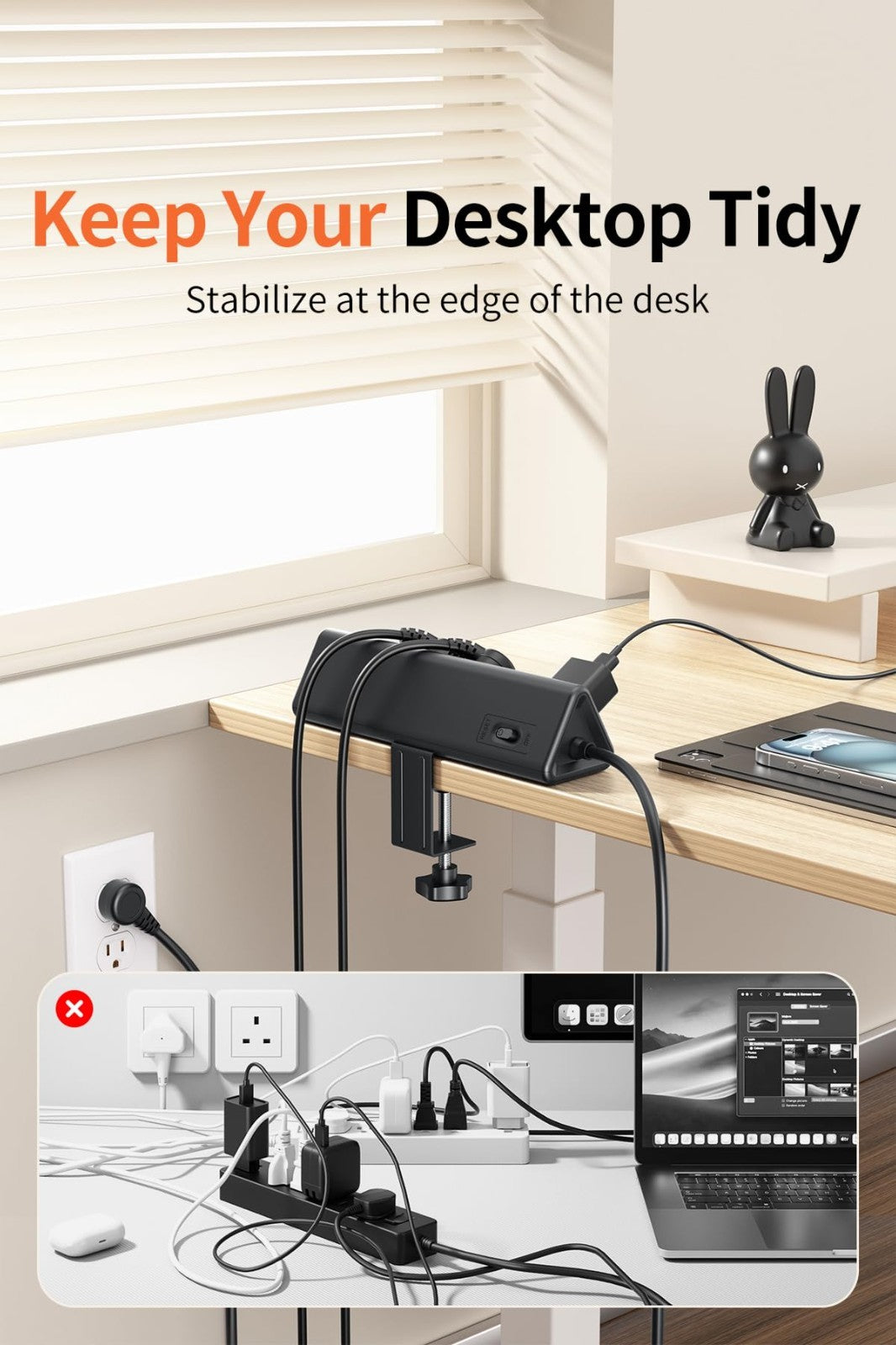 6.5FT Desk Clamp Power Strip, 5 AC Outlets, 6 USB Ports, PD 40W Fast Charging, B4