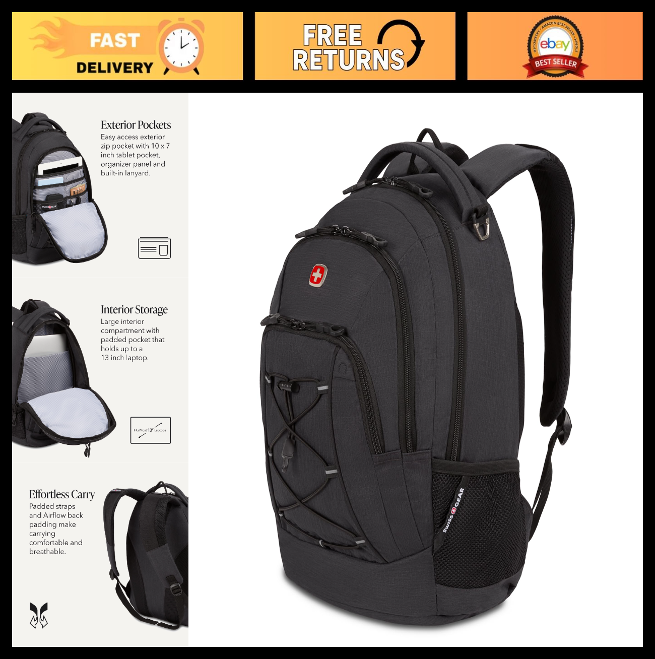 Bungee Core Laptop Backpack for 13" Laptops, Airflow Back Panel, Reflective Acce0